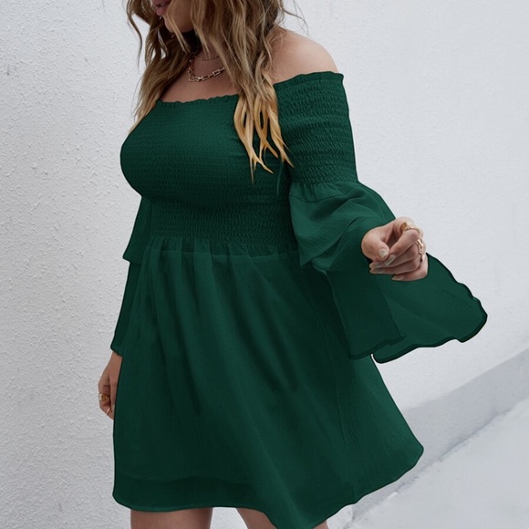 Boho Plus Off Shoulder Ruffle Bell Sleeve Dress - Picture 9 of 14